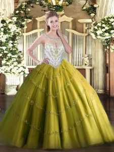 Colorful Olive Green Sleeveless Beading and Appliques Floor Length Sweet 16 Dress