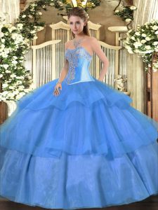 Baby Blue Ball Gowns Sweetheart Sleeveless Tulle Floor Length Lace Up Beading and Ruffled Layers Vestidos de Quinceanera