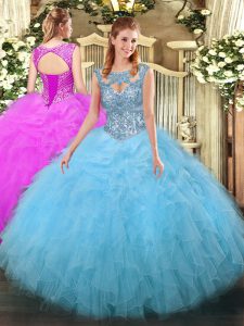 Glittering Aqua Blue Sleeveless Floor Length Beading and Ruffles Lace Up Quince Ball Gowns