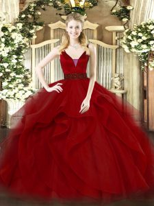 Noble Sleeveless Tulle Floor Length Zipper Sweet 16 Dress in Wine Red with Beading and Ruffled Layers