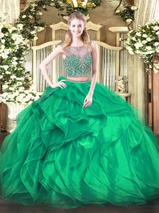 Inexpensive Turquoise Two Pieces Scoop Sleeveless Organza Floor Length Lace Up Beading and Ruffles Sweet 16 Dress