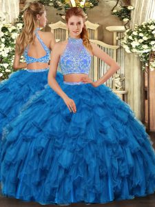 Floor Length Two Pieces Sleeveless Blue Quince Ball Gowns Criss Cross