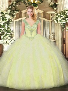 Most Popular Yellow Green Ball Gowns Tulle V-neck Sleeveless Beading and Ruffles Floor Length Lace Up Vestidos de Quince