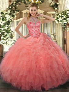 Deluxe Watermelon Red Ball Gowns Beading and Embroidery 15 Quinceanera Dress Lace Up Organza Sleeveless Floor Length