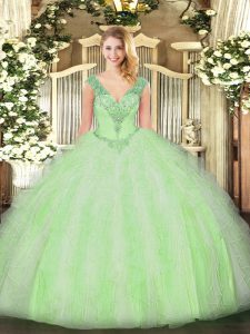Custom Designed V-neck Sleeveless Lace Up Quince Ball Gowns Yellow Green Organza