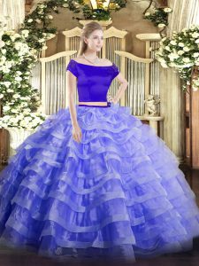 Blue Off The Shoulder Zipper Appliques and Ruffled Layers Quinceanera Dresses Short Sleeves