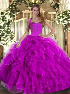 Fuchsia Quinceanera Gowns Military Ball and Sweet 16 and Quinceanera with Ruffles Halter Top Sleeveless Lace Up