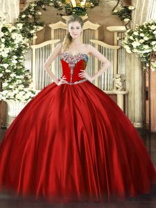 Wine Red Ball Gowns Satin Sweetheart Sleeveless Beading Floor Length Lace Up Quince Ball Gowns