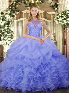 Low Price Blue Sleeveless Floor Length Beading and Ruffles and Pick Ups Lace Up Quinceanera Dresses