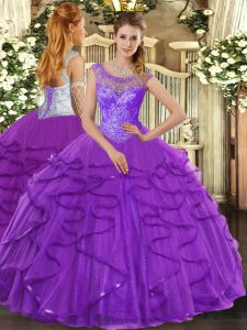 Unique Purple Ball Gowns Tulle Scoop Sleeveless Beading and Ruffles Floor Length Lace Up Quinceanera Dress