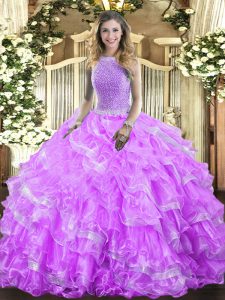 Flirting Sleeveless Organza Floor Length Lace Up Quinceanera Gown in Lavender with Beading and Ruffled Layers