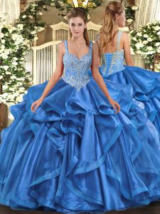 Colorful Blue Organza Lace Up Straps Sleeveless Floor Length Sweet 16 Quinceanera Dress Beading and Ruffles