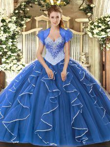 Sophisticated Cap Sleeves Floor Length Beading Lace Up Sweet 16 Quinceanera Dress with Blue