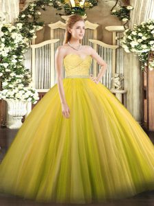 Sexy Gold Sweet 16 Dresses Military Ball and Sweet 16 and Quinceanera with Beading and Lace Sweetheart Sleeveless Zipper