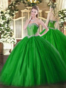 Fancy Sleeveless Tulle Floor Length Lace Up Quince Ball Gowns in Green with Beading