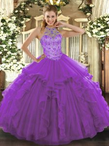 Purple Organza Lace Up Halter Top Sleeveless Floor Length 15th Birthday Dress Beading and Embroidery