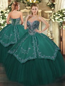 Dark Green Taffeta and Tulle Lace Up Sweetheart Sleeveless Floor Length Ball Gown Prom Dress Beading and Embroidery