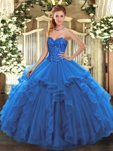 Sleeveless Floor Length Beading and Ruffles Lace Up Quinceanera Gowns with Blue