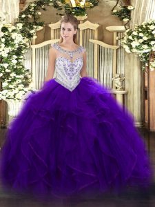 Shining Floor Length Purple Ball Gown Prom Dress Scoop Sleeveless Zipper