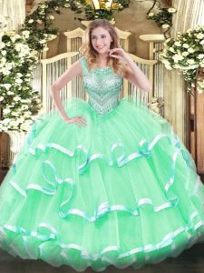 Apple Green Tulle Lace Up Scoop Sleeveless Floor Length Sweet 16 Quinceanera Dress Beading and Ruffles