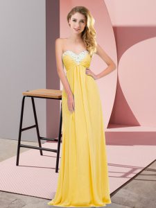 Gold Chiffon Lace Up Sweetheart Sleeveless Floor Length Prom Gown Ruching