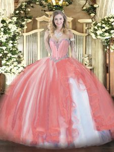 Fitting Coral Red Sleeveless Floor Length Beading and Ruffles Lace Up Sweet 16 Dresses