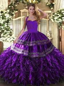 Purple Ball Gowns Halter Top Sleeveless Organza Floor Length Lace Up Embroidery and Ruffles Vestidos de Quinceanera