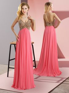 Superior Floor Length Zipper Homecoming Dress Watermelon Red for Prom and Party with Beading Sweep Train