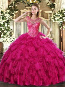 Top Selling Sleeveless Floor Length Beading and Ruffles Lace Up 15 Quinceanera Dress with Fuchsia