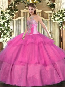 Latest Floor Length Lace Up Sweet 16 Dresses Hot Pink for Military Ball and Sweet 16 and Quinceanera with Beading and Ru