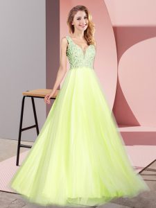 Cheap V-neck Sleeveless Tulle Prom Evening Gown Lace Zipper