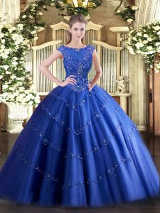Blue Quinceanera Gown Military Ball and Sweet 16 and Quinceanera with Beading and Appliques Scoop Sleeveless Zipper