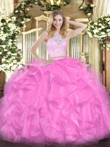 Top Selling Sleeveless Organza Floor Length Zipper Vestidos de Quinceanera in Rose Pink with Lace and Ruffles
