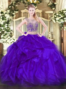 Scoop Sleeveless 15 Quinceanera Dress Floor Length Beading and Ruffles Purple Organza