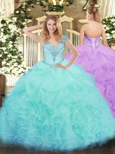 Sweet Sleeveless Organza Floor Length Lace Up Quinceanera Gown in Aqua Blue with Ruffles
