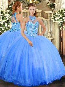 Decent Blue Ball Gowns Halter Top Sleeveless Tulle Floor Length Lace Up Embroidery 15 Quinceanera Dress