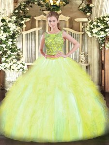Affordable Yellow Green Scoop Neckline Beading and Ruffles Quinceanera Gown Sleeveless Lace Up