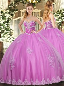 Simple Sweetheart Sleeveless Sweet 16 Dress Floor Length Beading and Appliques Rose Pink Tulle