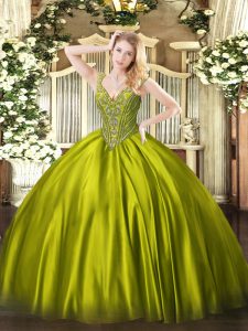 Superior Olive Green Lace Up V-neck Beading 15th Birthday Dress Satin Sleeveless