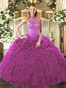 Glittering Embroidery and Ruffles Vestidos de Quinceanera Fuchsia Lace Up Sleeveless Floor Length