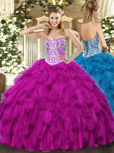 Simple Fuchsia Ball Gowns Sweetheart Sleeveless Tulle Floor Length Lace Up Beading and Ruffles Sweet 16 Quinceanera Dres