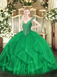 Green Quinceanera Dresses Military Ball and Sweet 16 and Quinceanera with Beading and Ruffles V-neck Sleeveless Lace Up