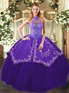 Purple Tulle Lace Up 15th Birthday Dress Sleeveless Floor Length Beading and Embroidery