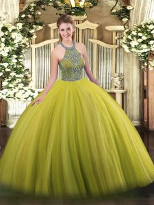 Artistic Halter Top Sleeveless Sweet 16 Quinceanera Dress Floor Length Beading Olive Green Tulle
