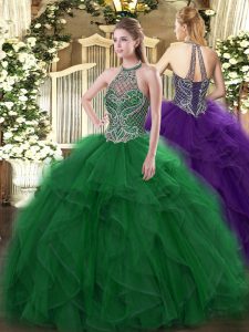 Vintage Ball Gowns Quinceanera Gown Green Halter Top Organza Sleeveless Floor Length Lace Up