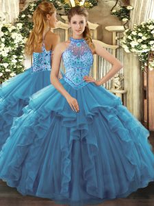 Beautiful Teal Lace Up Halter Top Beading and Ruffles 15 Quinceanera Dress Organza Sleeveless