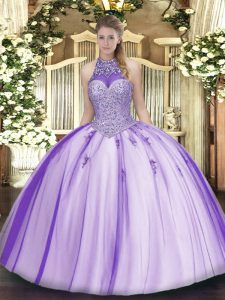 Noble Lavender Ball Gowns Halter Top Sleeveless Tulle Floor Length Lace Up Beading and Appliques 15th Birthday Dress