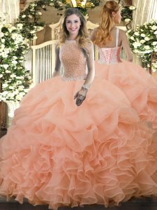 Eye-catching High-neck Sleeveless Quinceanera Dress Floor Length Beading and Ruffles and Pick Ups Peach Organza