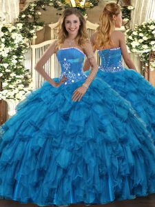 Hot Sale Strapless Sleeveless Organza Quinceanera Dresses Beading and Ruffles Lace Up