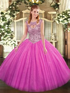 New Style Fuchsia Sleeveless Beading Floor Length Sweet 16 Quinceanera Dress